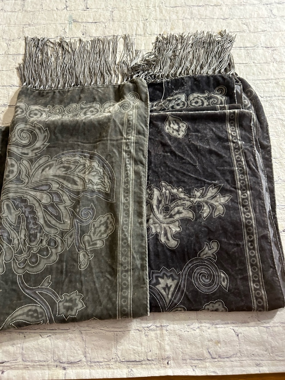 STYLE &CO. OVERSIZED GREY FLORAL VELVET EMBROIDERED WITH FRINGE BOHO SCARVES (2)
